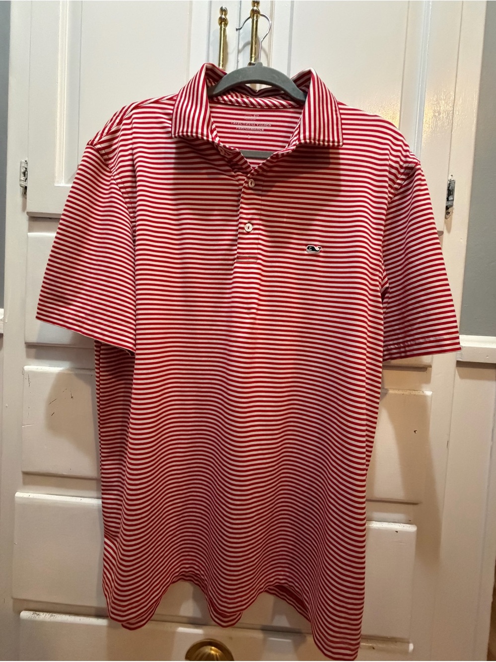 Vineyard Vines Performance Men’s Polo L Red White Striped Stretch Whale Logo